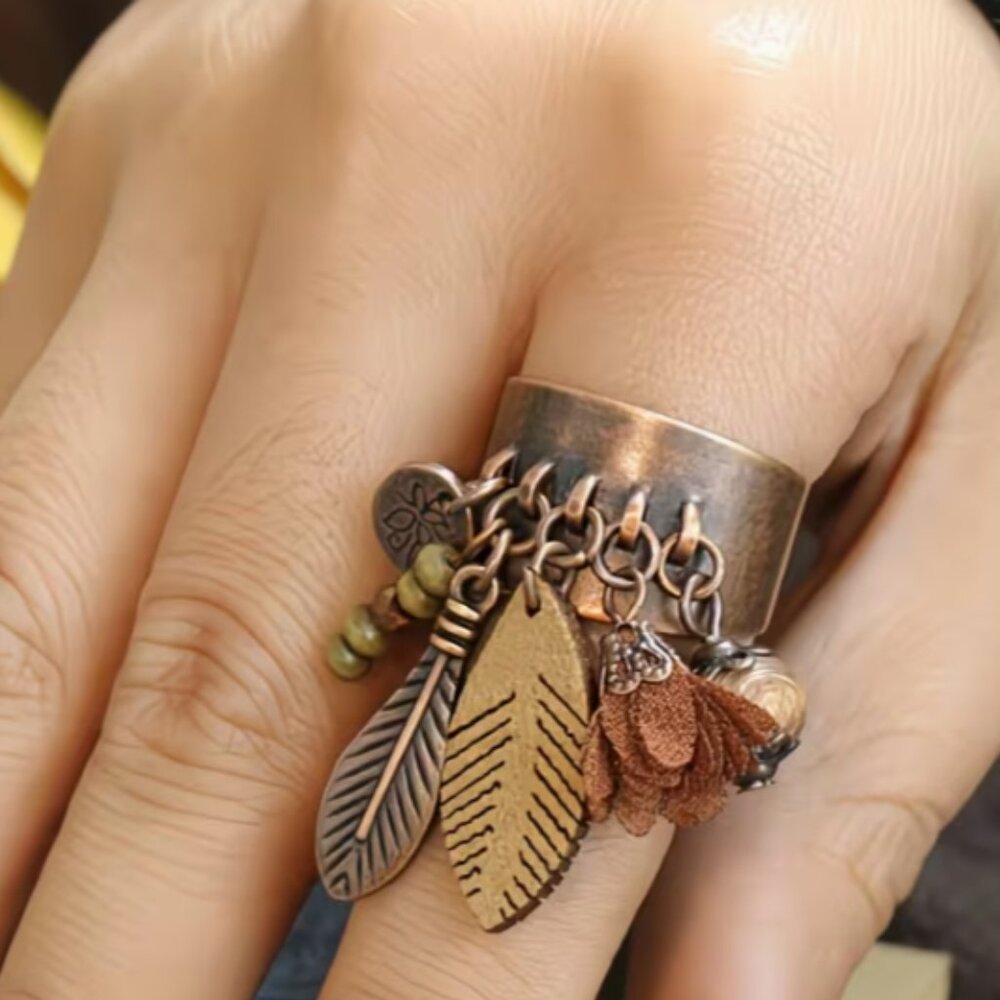 Vintage Boho Bronze Floral Bead Charm Ring Adjustable Leaf Tassel Statement Chic
